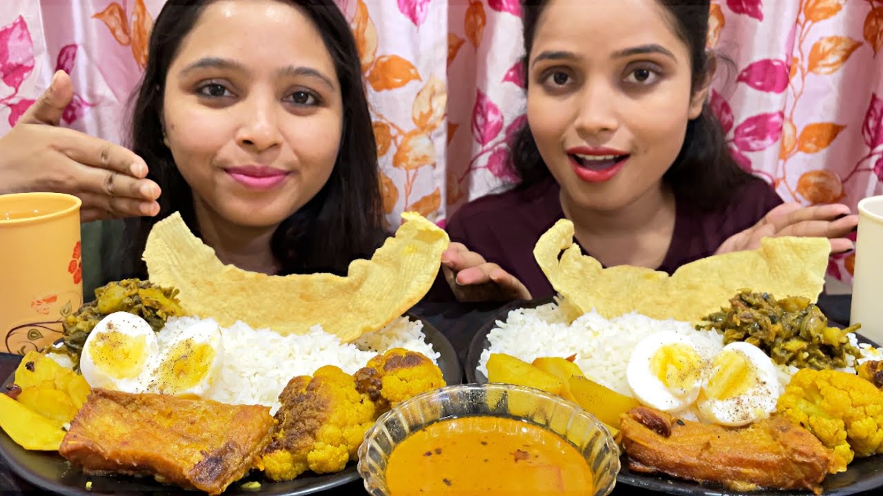 Rice+Fish Curry+Boiled Egg+Mixed Veg+Papad Eating Challenge