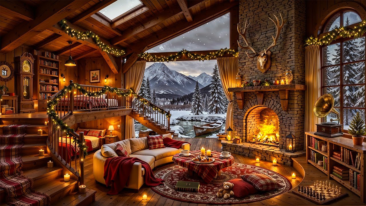 Soft December Jazz Music at Cozy Winter Cabin Ambience ❄️🔥 Fireplace Crackling for Stress Relief