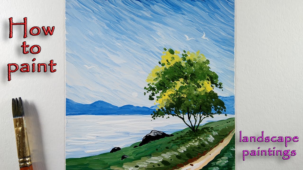 How to paint landscape of the tree near the lake | landscape paintings