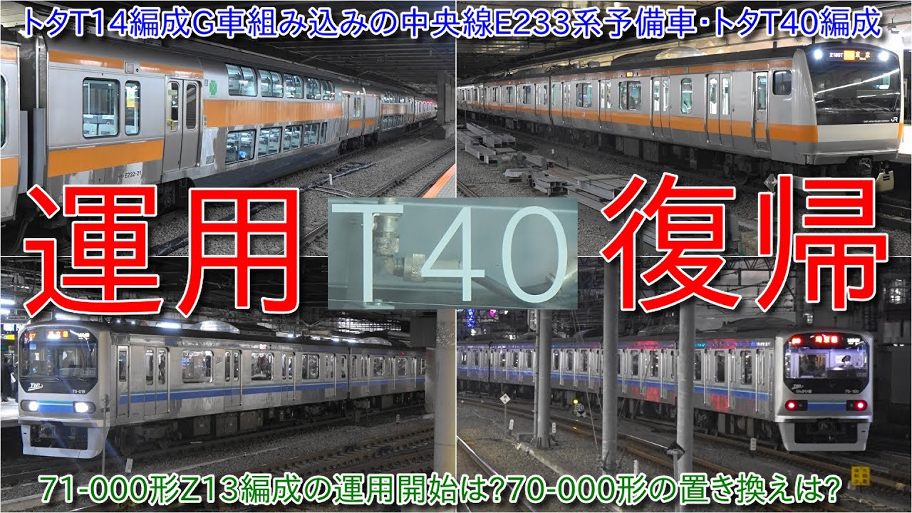 【予備車の中央線E233系トタT40編成運用復帰、グリーン車はトタT14編成のサロE232/E233-21】りんかい線70-000形の置き換えと71-000形Z13編成の運用開始は?