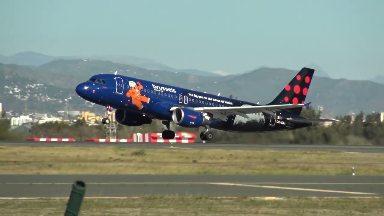 Brussels Airlines Airbus 320 OO-SNJ Take Off Malaga LEMG Tintin Explorers on the Moon Livery