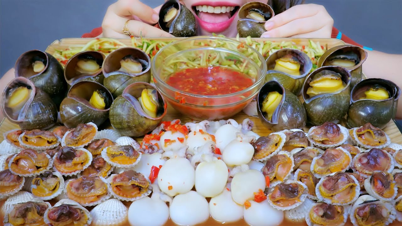 ASMR THAISAUCE APPLE SNAIL  BLOOD COCKLE  CUTTLEFISH , EATING SOUNDS | LINH-ASMR