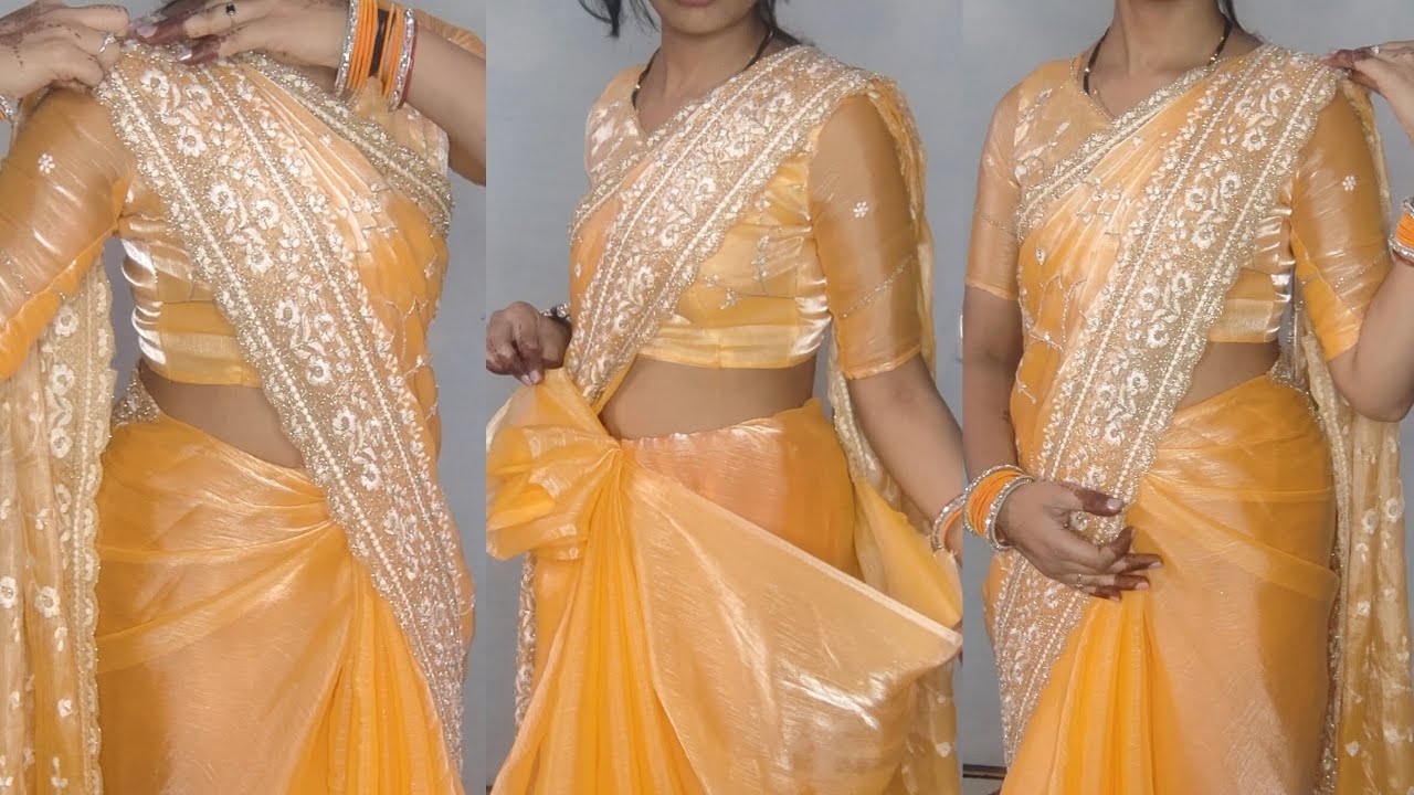 Attractive look in tissue organza saree draping tutorial for beginners/how to perfect side pleats 