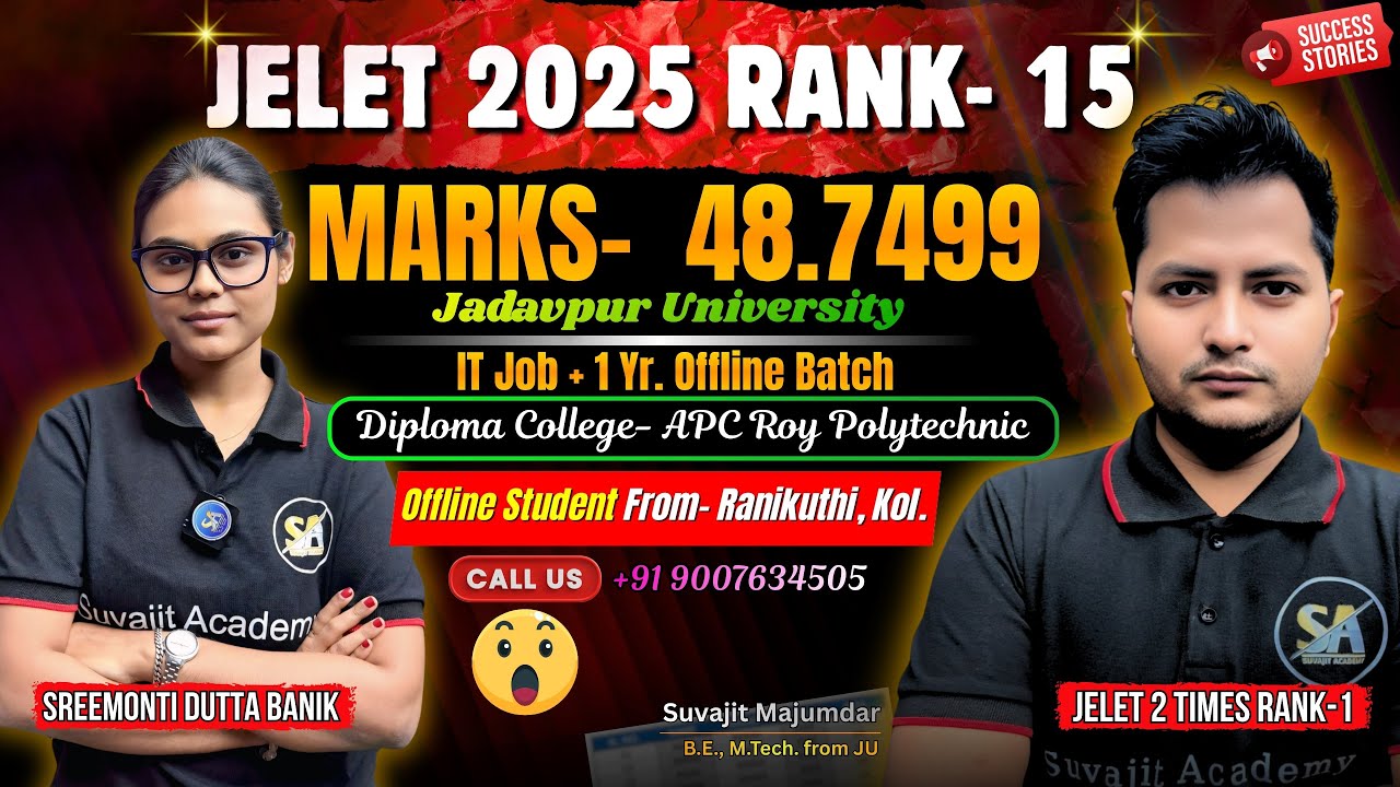 JELET 2025 Exam Rank 15 Marks 48.7499 |  Sreemonti Offline Batch Student Jelet Rank Success Story