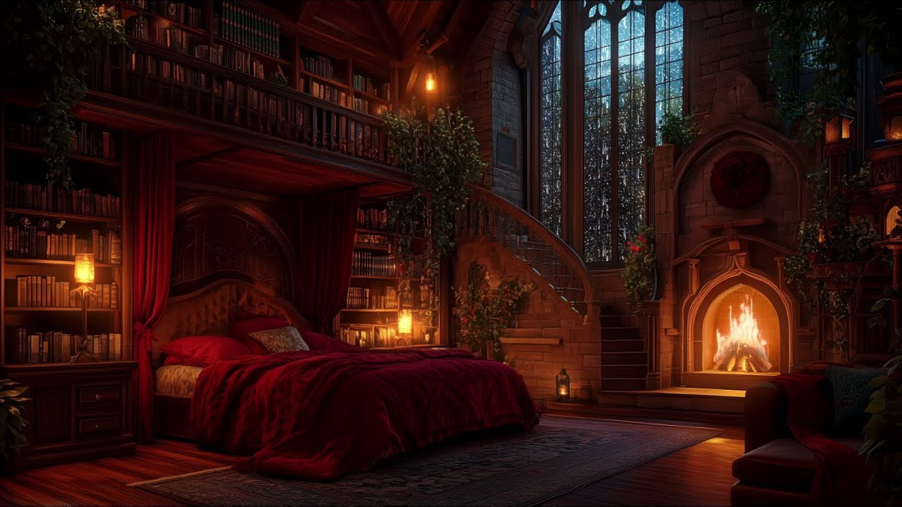 Heavy Thunderstorm in a Cozy Kingly Castle Room Haven with Rain and Fireplace Sounds To Sleep