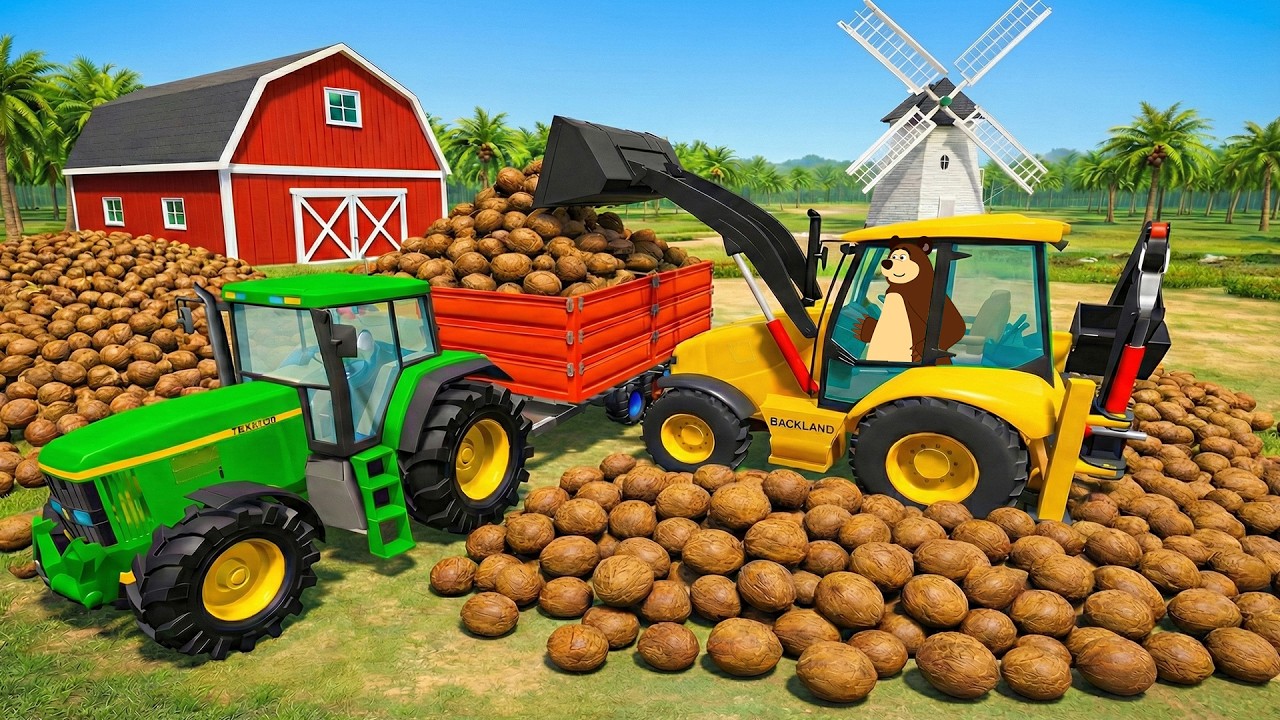 The Bear Farm: Coconut Harvest & Transport to Coconut Milk Factory | Real Farm Animation