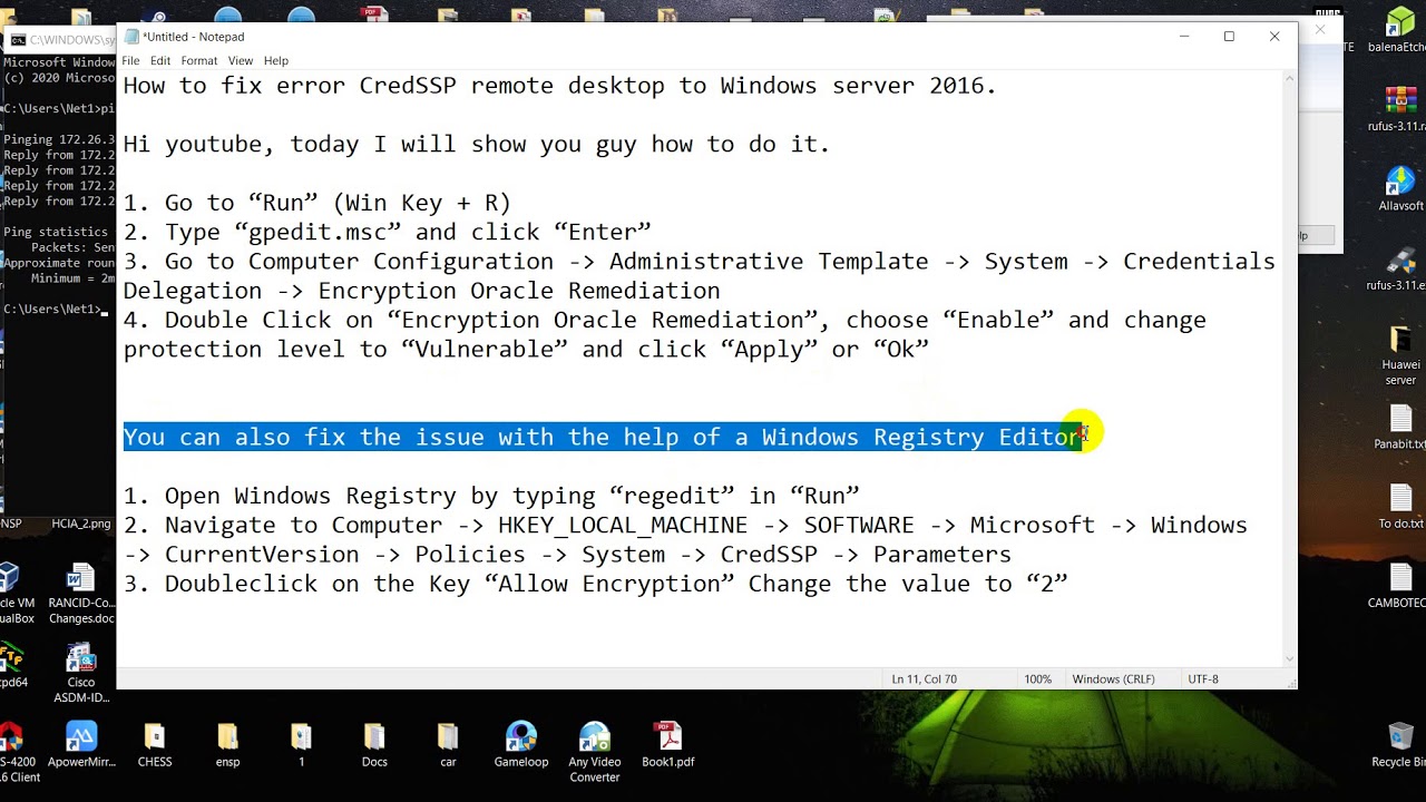 How to fix the error CredSSP remote desktop to Windows server 2016