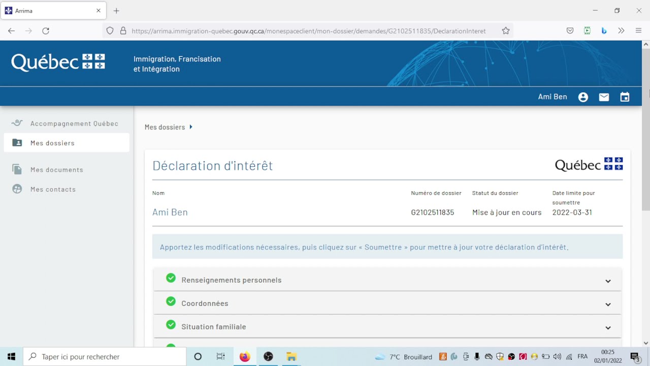 résolution des difficultés de la section scolarité de la déclaration d'intérêt arrima canada