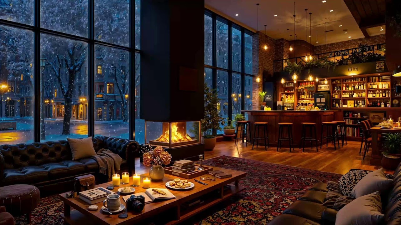 Warm Snowfall Night Jazz Cafe Ambience for Study Focus and Work Productivity