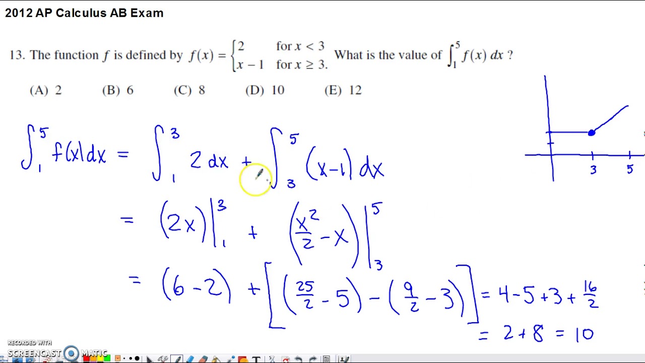 2012 AP Calculus AB Multiple Choice #13 - Definite Integral of Piecewise Function