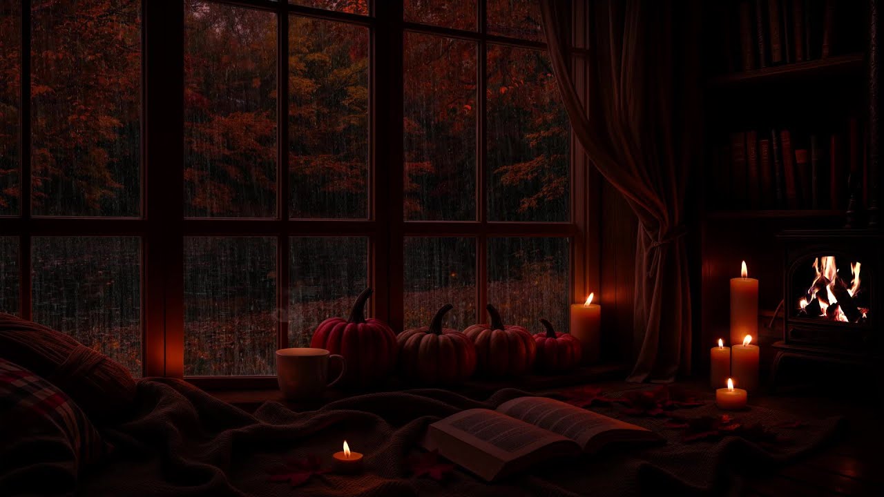 Cozy Autumn Rain Sounds 🌧️ Fireplace, Candles & Reading Nook Ambience for Sleep & Relaxation