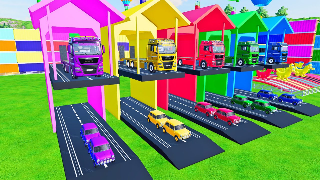 TRANSPORTING ALL POLICE CARS, RESCUE & FIRE TRUCKS, BULLDOZER & MINI COOPER TO GARAGE - FS22