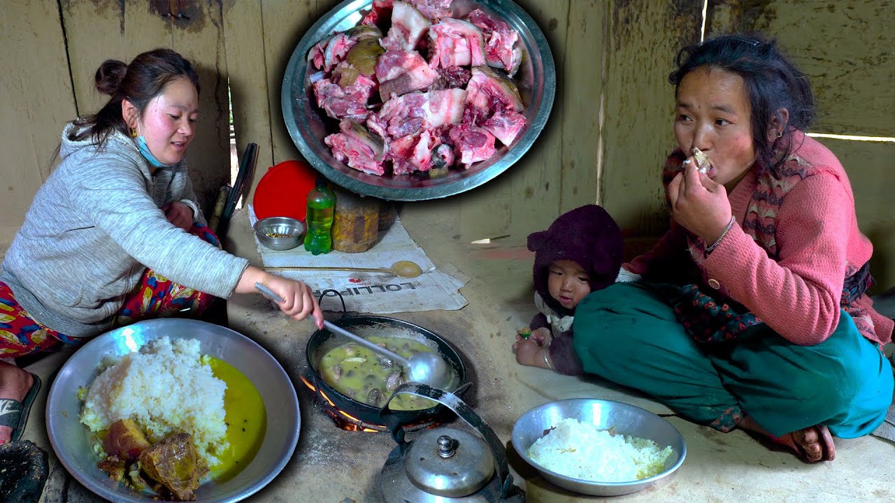 Boiled Pork & Bone curry soup with Rice cooking & eating || Pork cooking and eating in village #pork