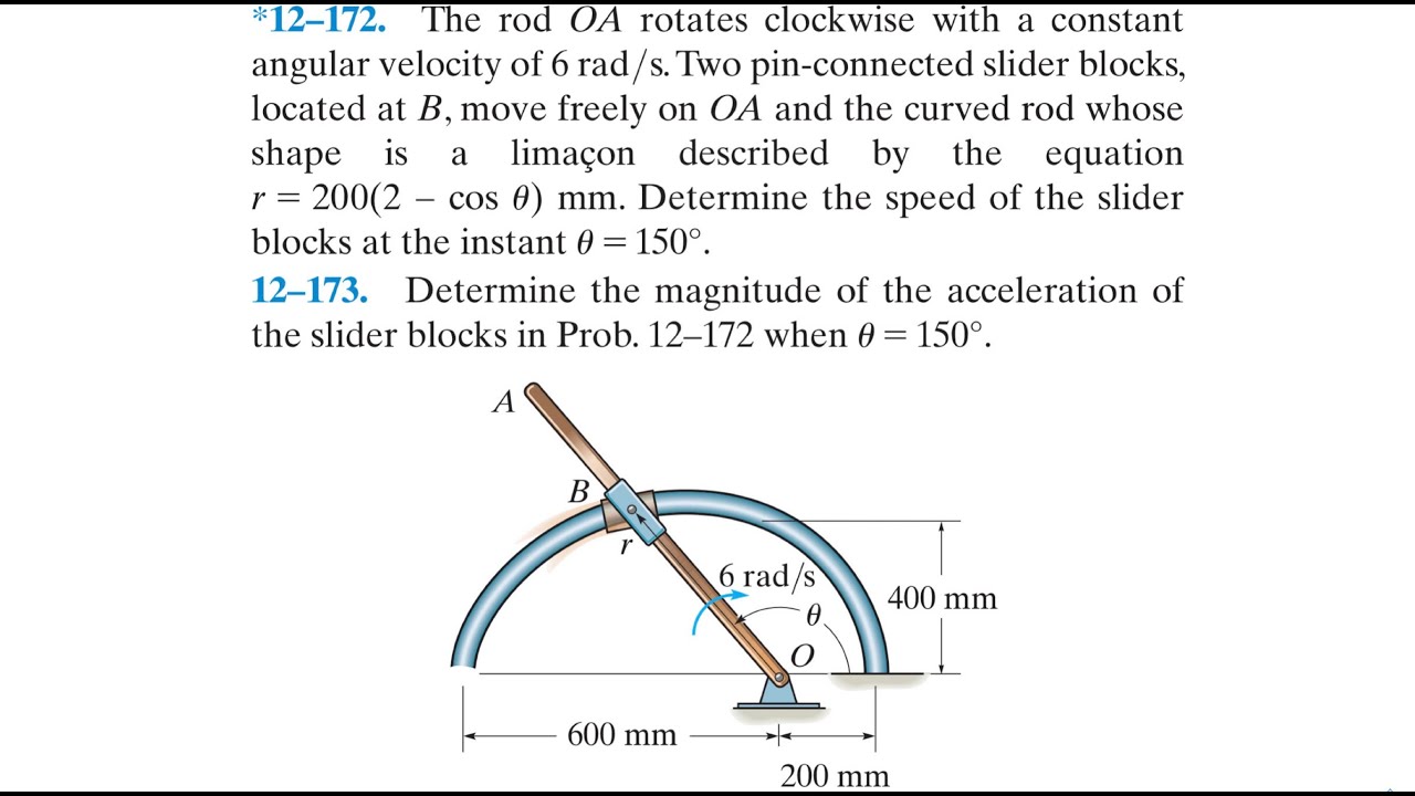 Dynamics 12.172 & 12.173 - The rod OA rotates clockwise with a constant angular velocity of 6 rad/s.