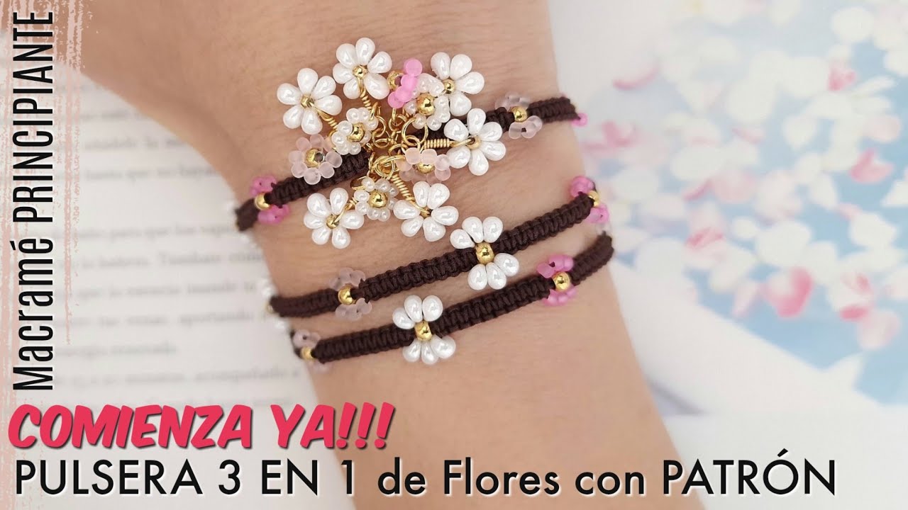 Como hacer PULSERA DE FLORES 3 en 1 EN MACRAMÉ Con NUDOS BÁSICOS | PULSERA de MOSTACILLAS en MACRAMÉ
