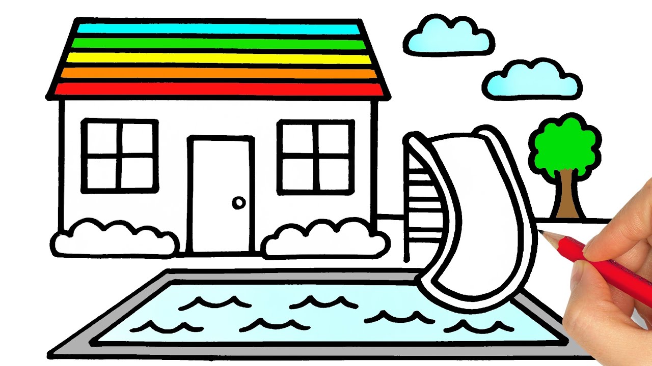 COMO DESENHAR UMA CASA COM PISCINA - COMO DESENHAR UMA CASA E ARVORE FACIL