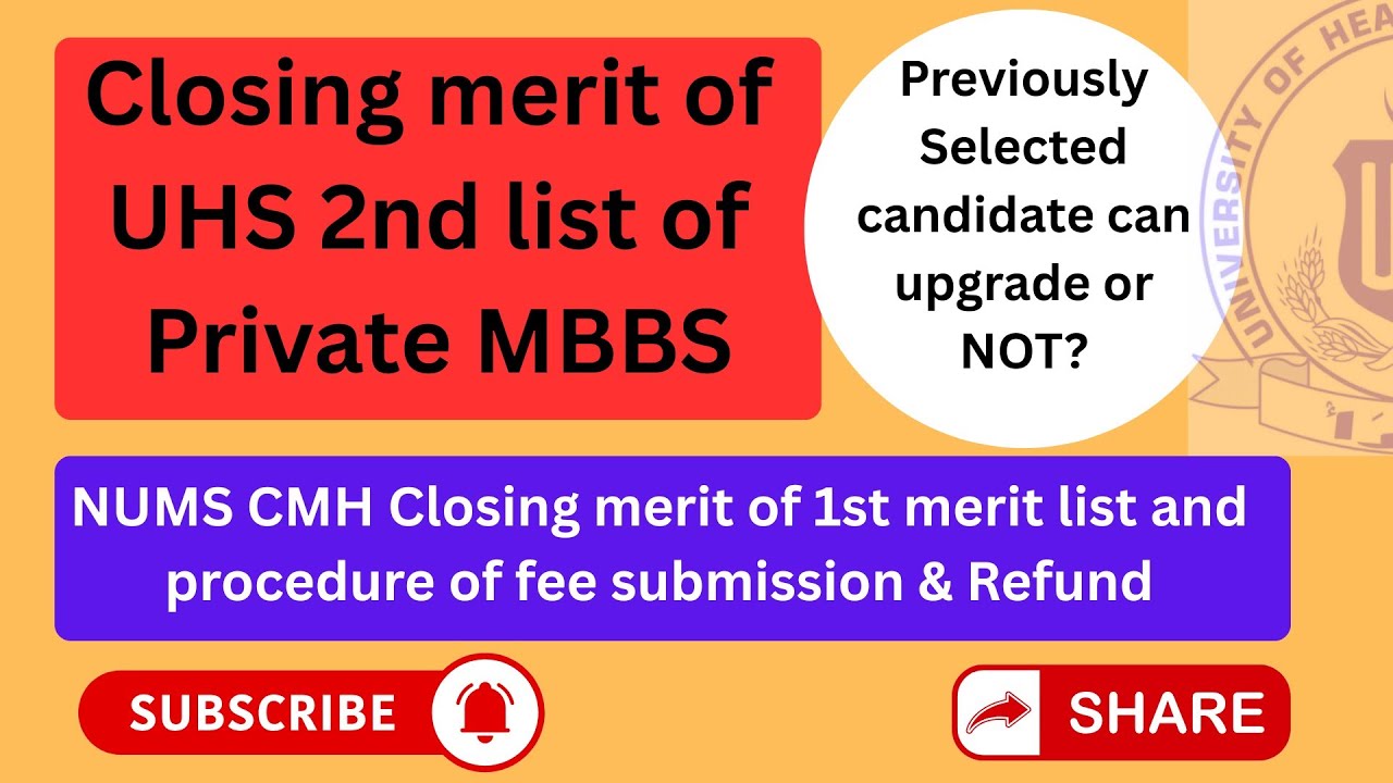 Closing Merit of UHS 2nd list of Private MBBS, NUMS CMH 1st list closing merit