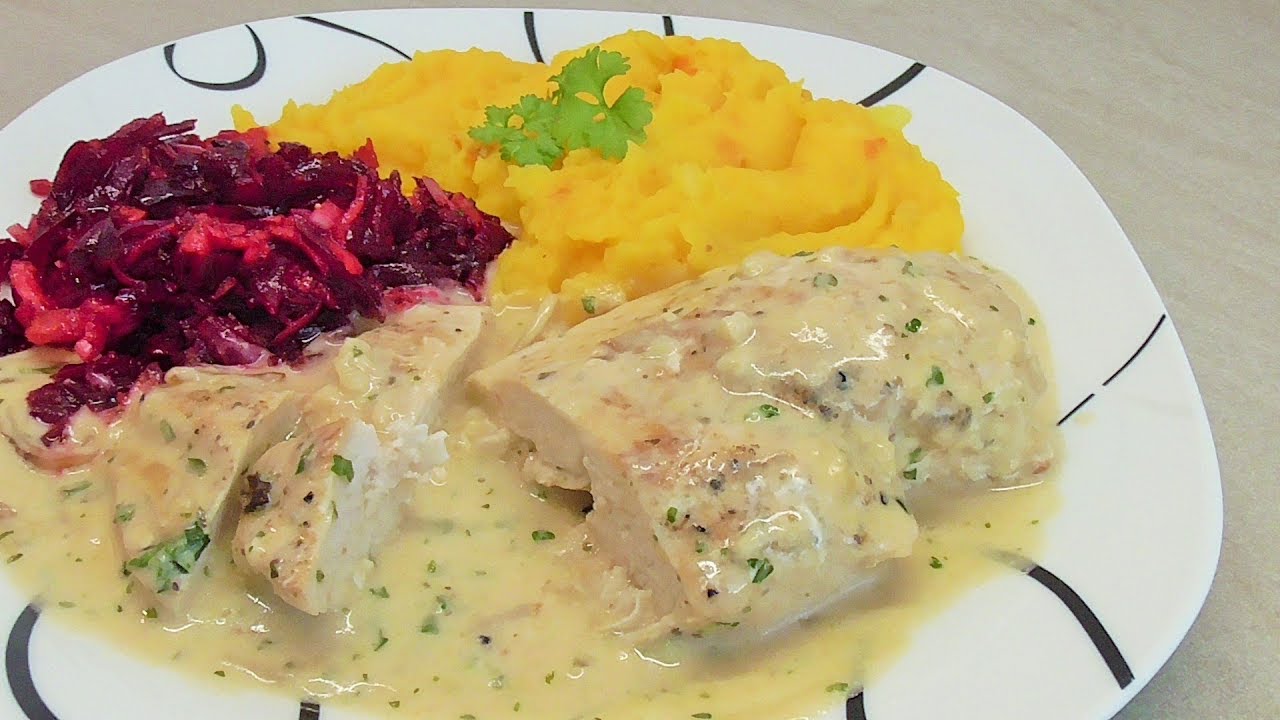 Hähnchen in Knoblauchsoße , Kürbiskartoffelbrei und Rote Bete salat