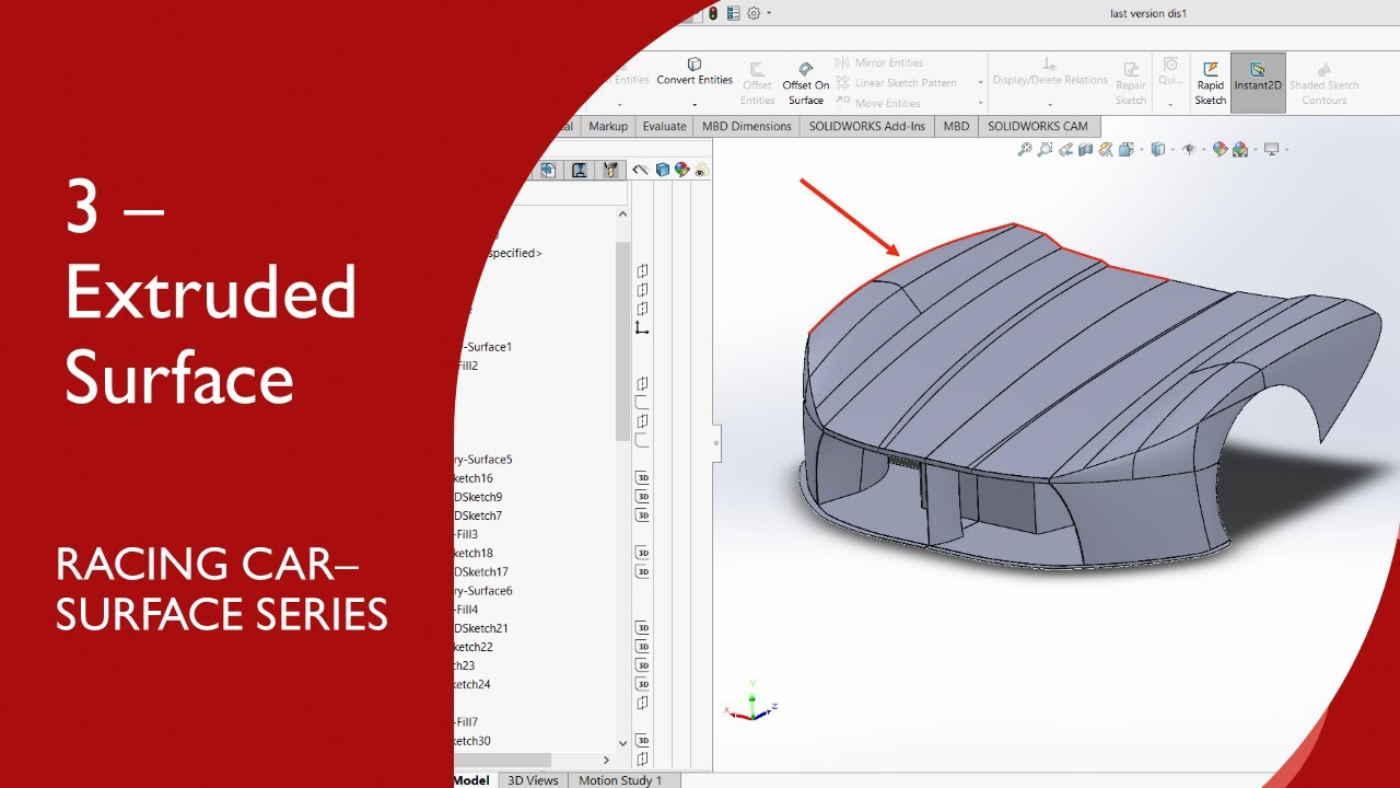 3- Extruded Surface - Racing Car - Solidworks Surfaces