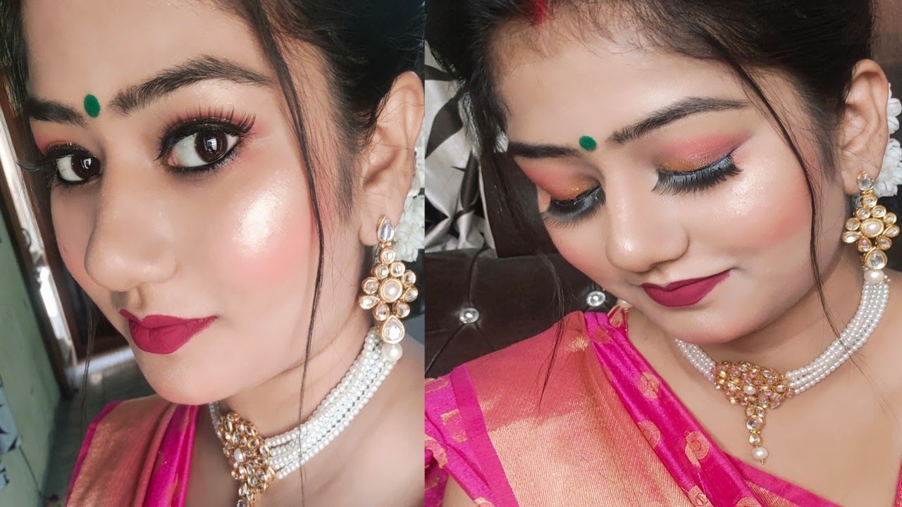 TREDITIONAL INDIAN WEEDING GUEST MAKEUP TUTORIAL|| pink saree & eye makeup 💄