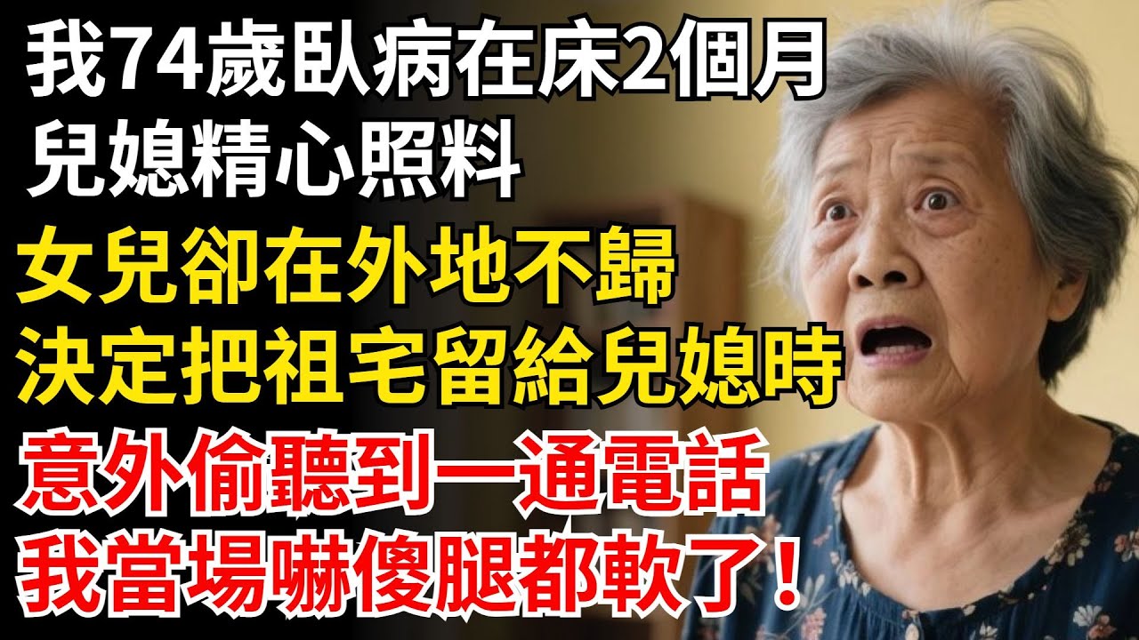 我74歲臥病在床2個月，兒媳精心照料，女兒卻在外地不歸，我決定把祖宅留給兒媳時，意外偷聽到一通電話，我當場嚇傻腿都軟了！#晚年生活#中老年生活#為人處世#生活經驗#情感故事#幸福人生