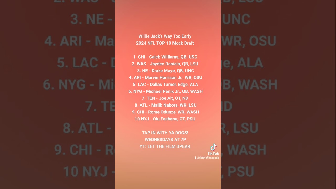 Willie Jack's Way Too Early 2024 NFL TOP 10 Mock Draft!