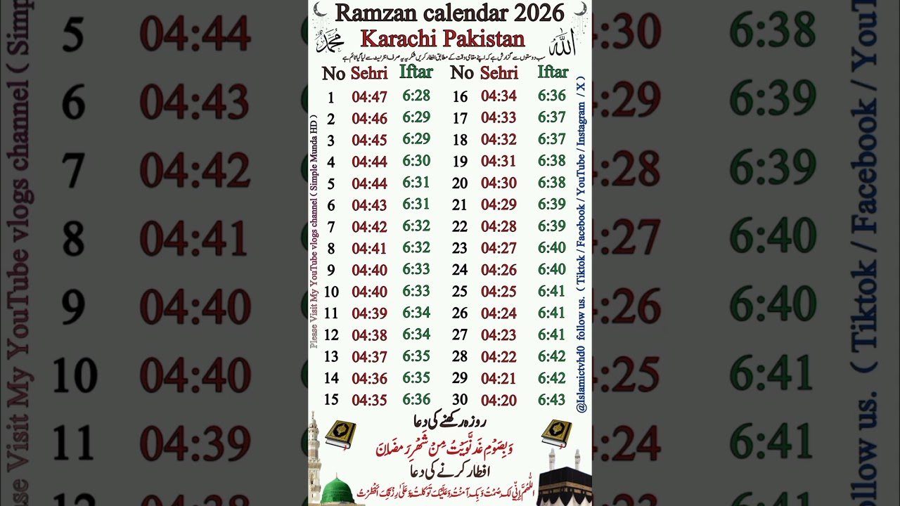 Karachi Ramadan Calendar 2026 | Karachi Sehri & Iftar Timing 2026 | رمضان کیلنڈر 2026