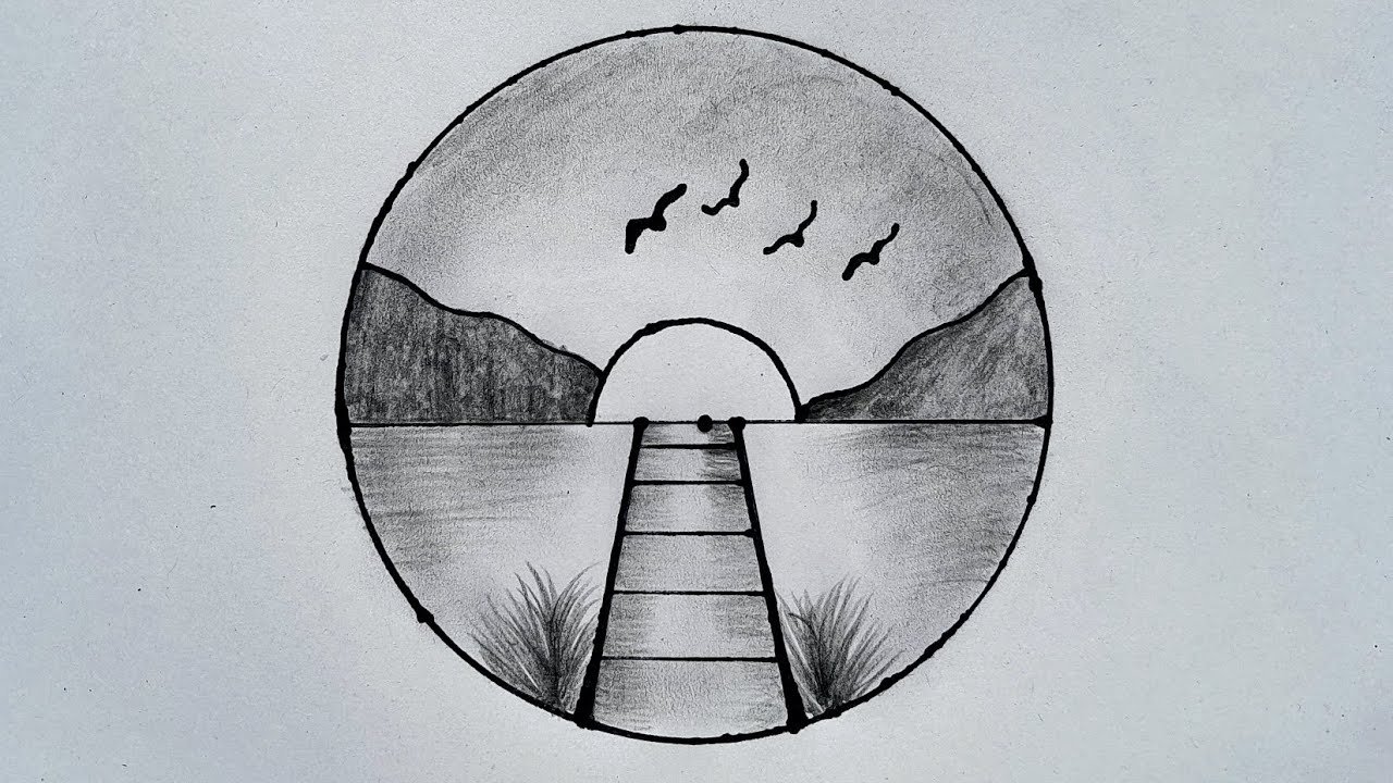 Easy Circle Scenery Drawing | How to Draw Nature Circle Scenery Drawing | Pencil Drawing
