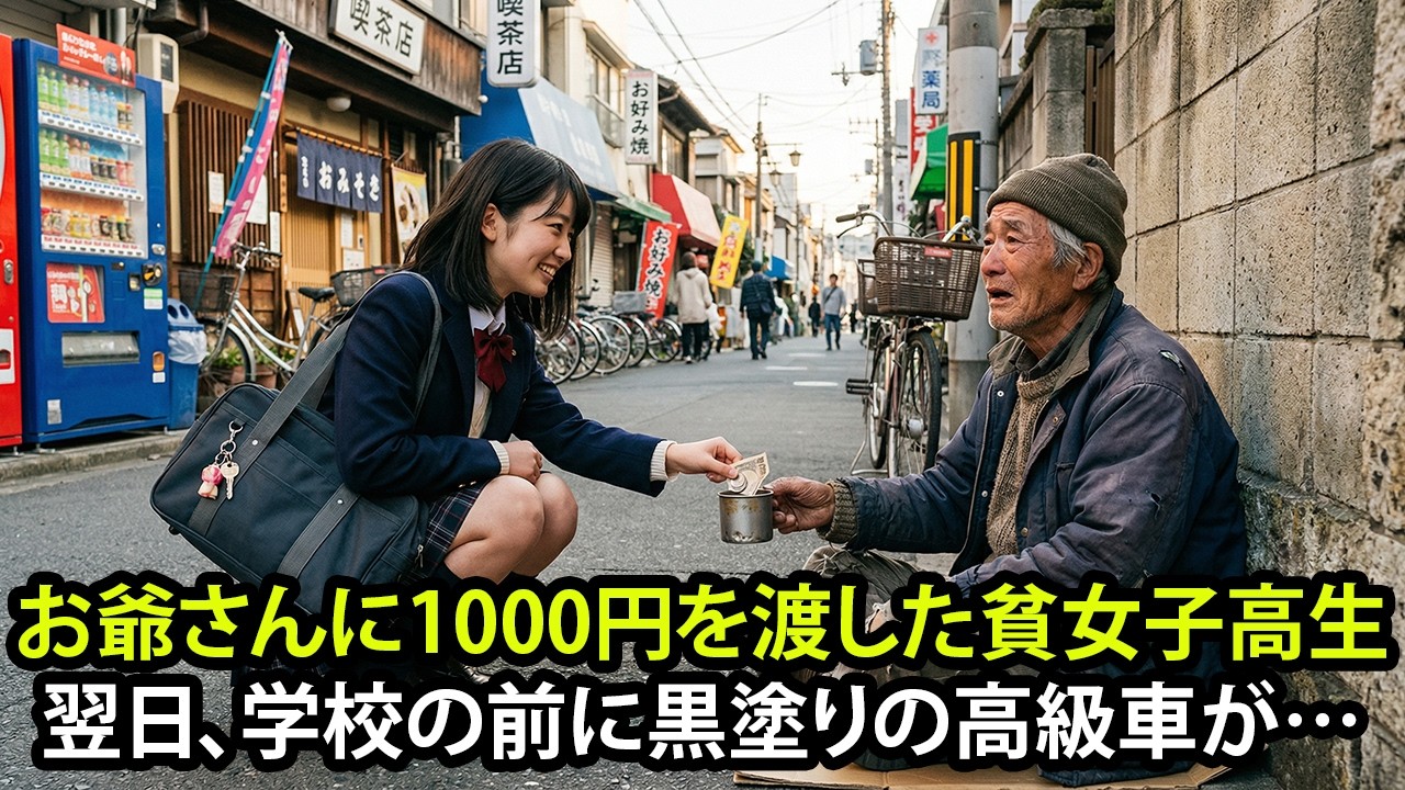 お金を盗まれたお爺さんに全財産1000円を渡した貧乏な女子学生。次の日、学校の前に黒塗りの高級車が現れて...
