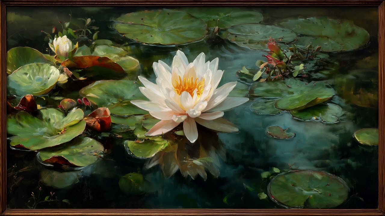 Elegant Water Lily Oil Painting | Serene Lotus Pond Art | Still Art Screen Saver | 4K