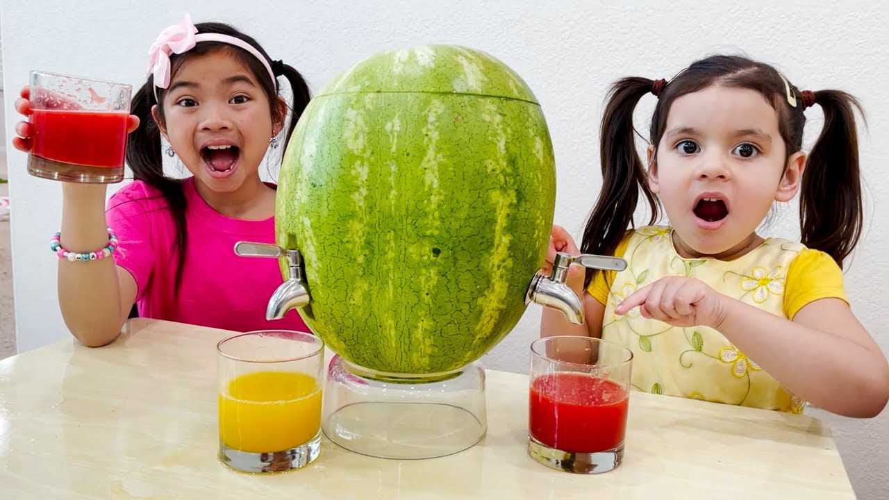 Emma and Ellie Pretend Play with Watermelon and Yummy Fruits and Vegetables  Funny Fruit Animals