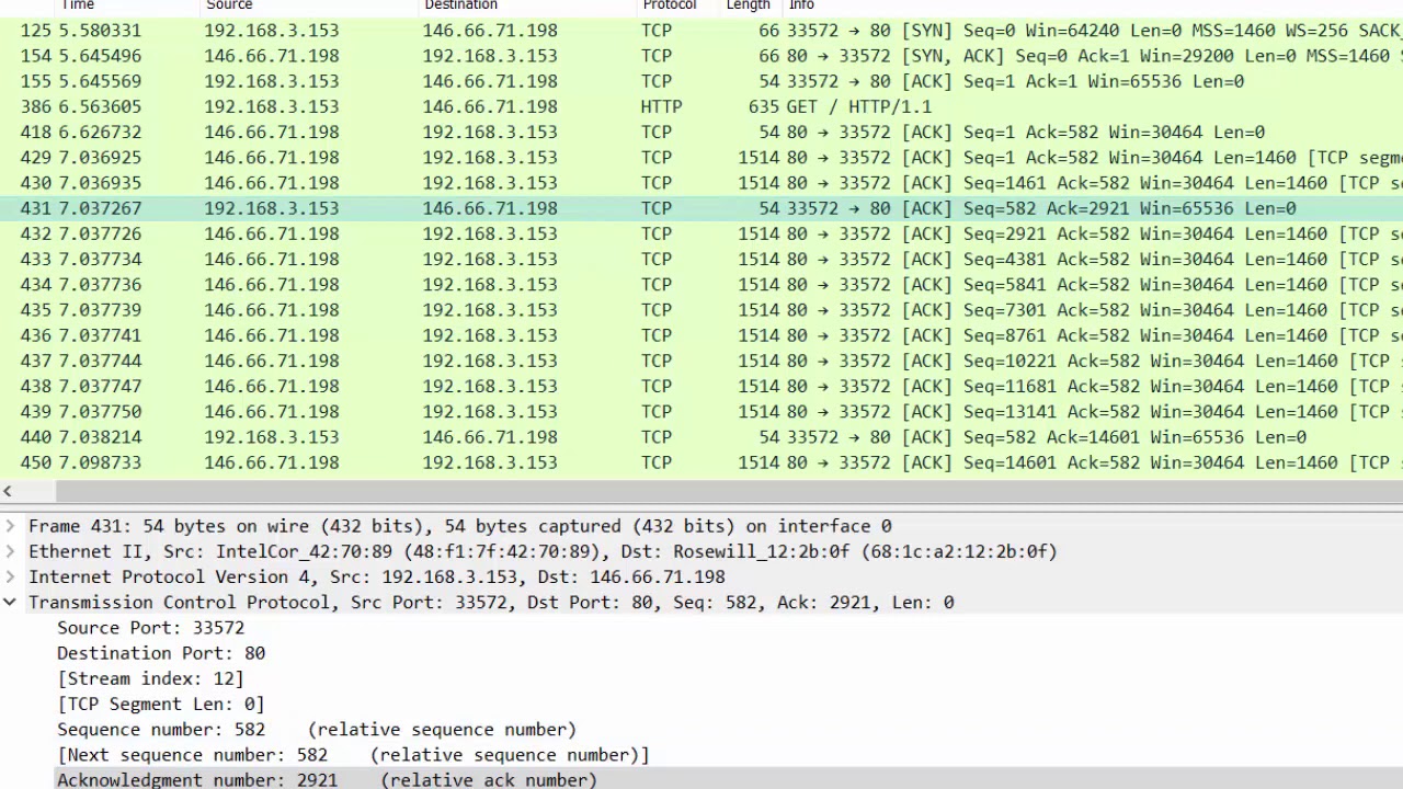 Наблюдение за TCP-диалогом в Wireshark