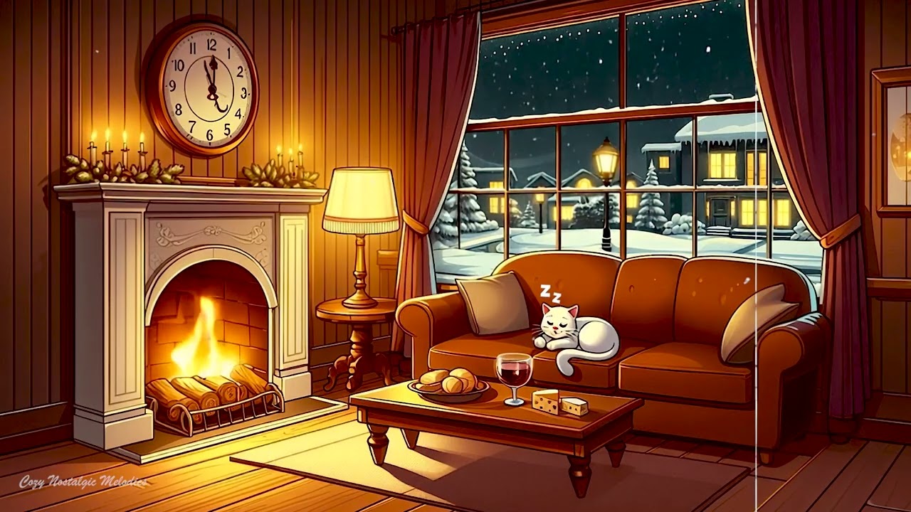 cozy snowy 1940s cabin ambience | vintage jazz, crackling fireplace & oldies playing in another room