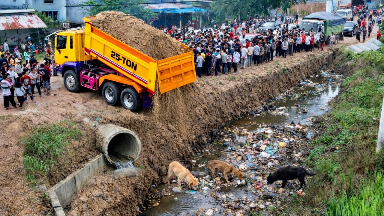 First Started A Perfect Project!! LandFill Delete Deep Canal By Skills Dozer Pushing Soil Into Water