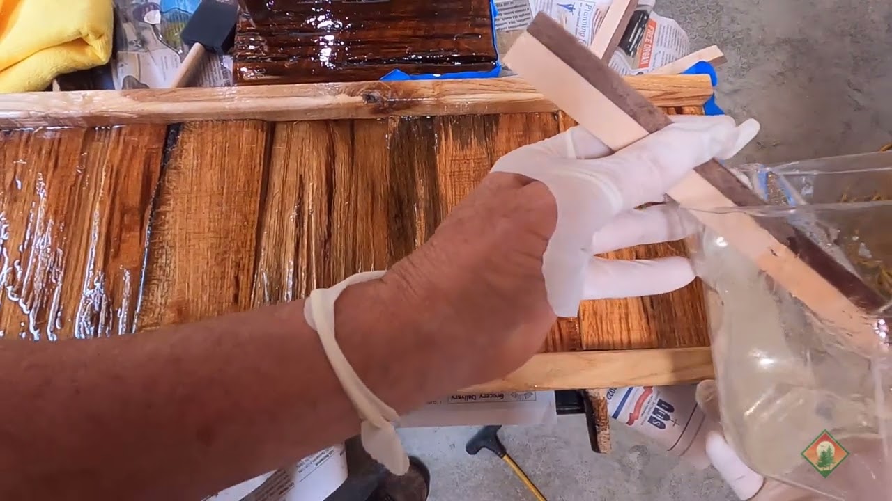 Pour #2 of 2 of Clear-Coat Epoxy on Bed Rail From Firewood Prototype