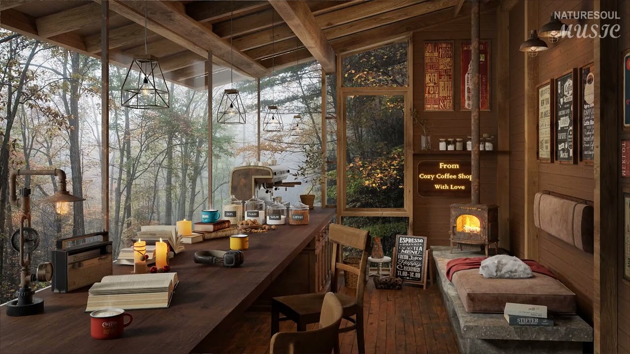Cozy Coffee Shop Ambience ☕ Relaxing Piano Music with Fireplace & Rain in Forest Study, Work & Sleep