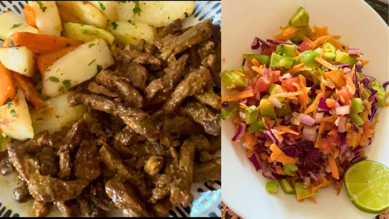 قطع اللحم مع خضر سوطي مرافقة بسلطة (وجبة لديدة وصحية 💯)