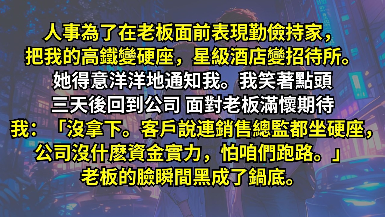 人事為了表現勤儉持家，把我的高鐵變硬座，酒店變招待所。她得意洋洋地通知我我笑著點頭。三天後面對老板滿懷期待我：「沒拿下。客戶說連銷售總監都坐硬座，公司沒什麽資金，怕咱們跑路。」老板的臉瞬間黑成了鍋底。