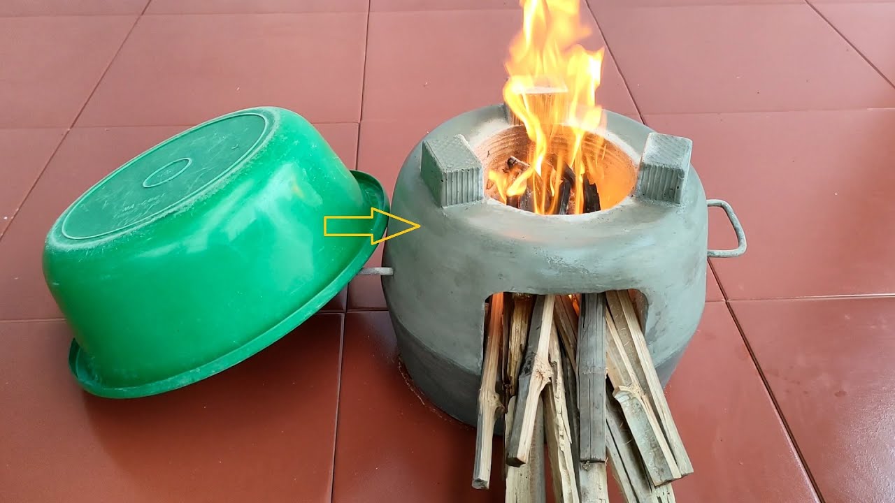 Firewood stove made from cement _ The idea is to cast from a plastic pot