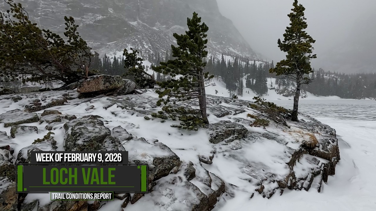 The Loch Vale Trail Conditions Report for the Week of February 9, 2026. Rocky Mountain National Park