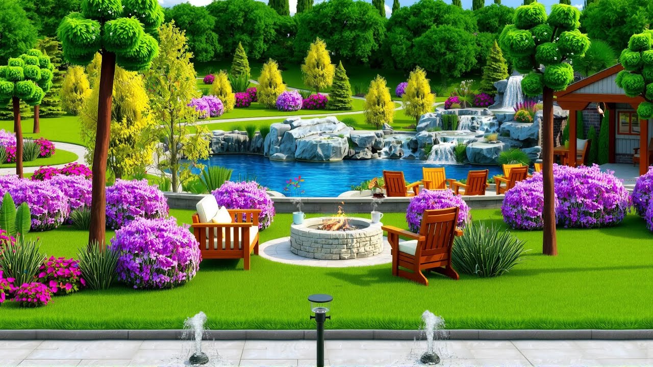 Outdoor Morning Tranquil Hillside Retreat with Waterfall View: Cozy Fireplace with Smooth Jazz Music