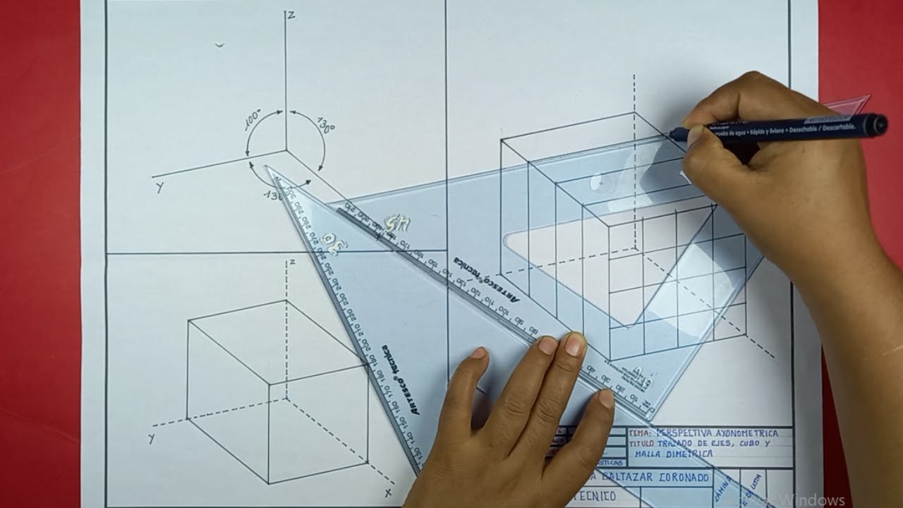 PERSPECTIVA AXONOMETRICA: Dimétrica trazado ejes, cubo y malla dimetrica.