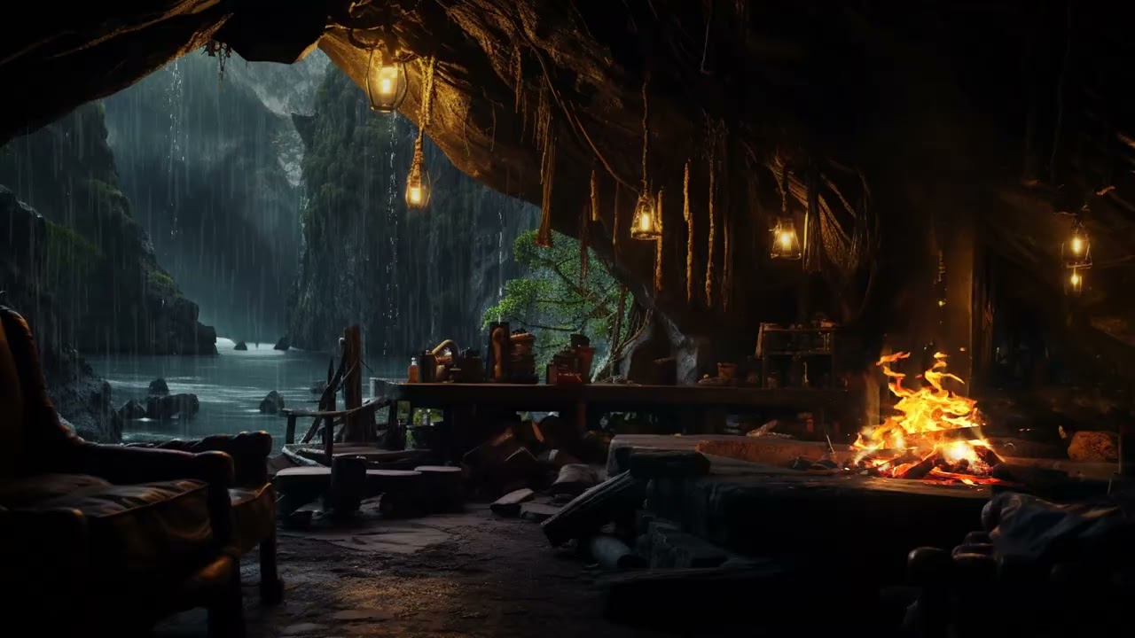 ✍️ Cave Fireplace Bliss | Stormy Forest Window (3 Hours) | Study with Concentration Sleep Relax Calm