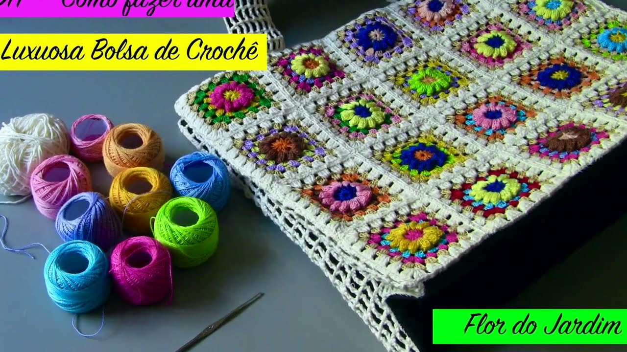 DIY - Como fazer  Bolsa de  crochê com aplicações multicores   - crochet craft - crochet bag
