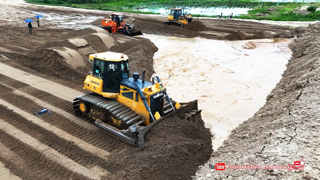 Massive Sand Filling Into Pond Completed! Heavy Shantui Dozer Pushing Sand & Dongfeng Dump Trucks