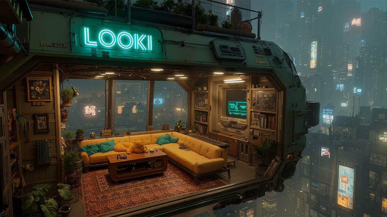 Floating Cabin in a Futuristic Neon City - Cozy Ambience | Relaxing Sounds | 4K [LOOKI]