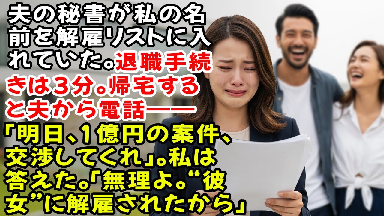 夫の秘書が私の名前を解雇リストに入れていた。退職手続きは3分。帰宅すると夫から電話――「明日、1億円の案件、交渉してくれ」。私は答えた。「無理よ。“彼女”に解雇されたから」