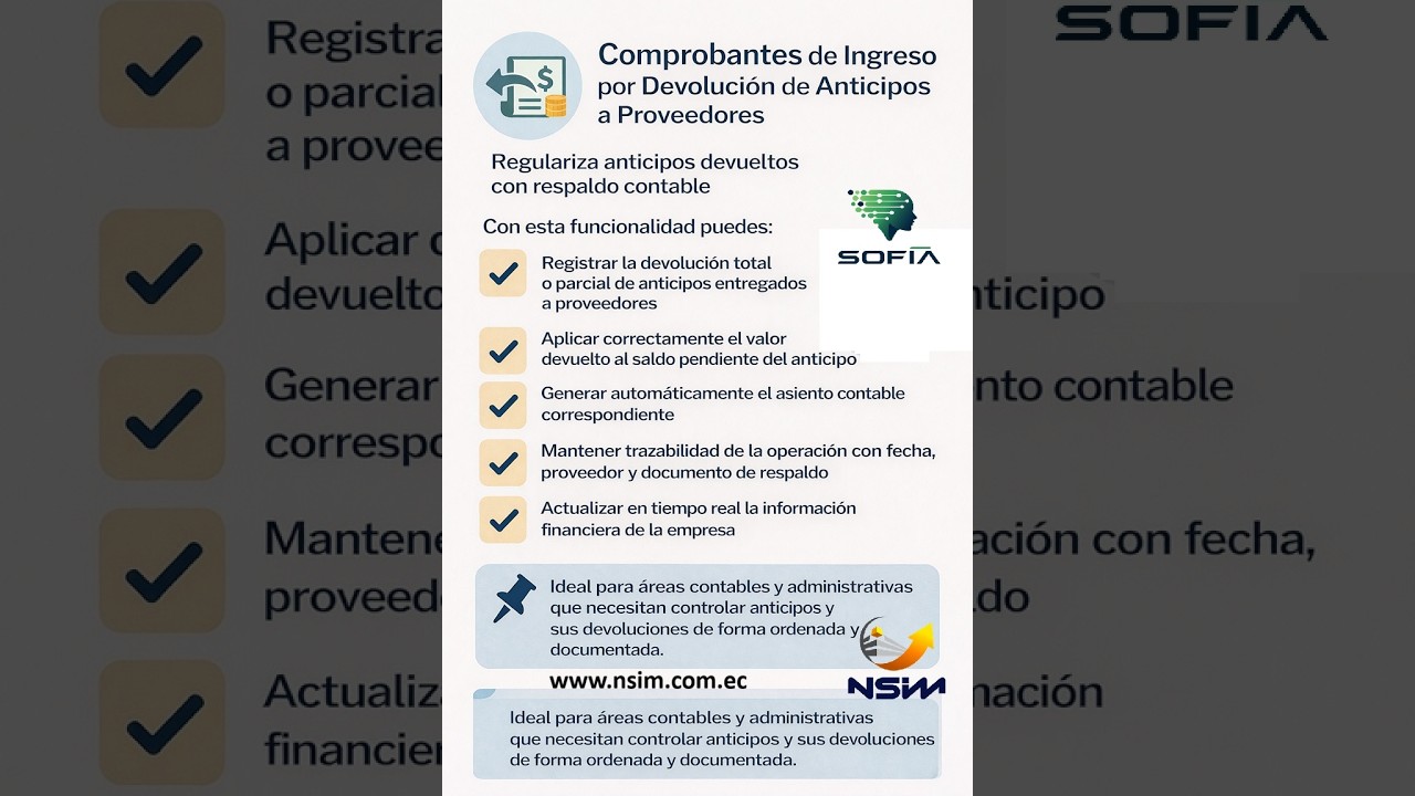 SOFIA Bancos Comprobantes de Ingreso por Devolución de Anticipos de Proveedores