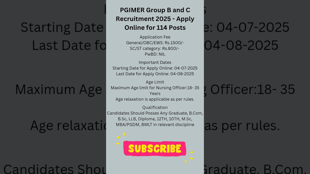 PGIMER Group B and C Recruitment 2025 | Apply Online for 114 Posts | #pgimer #jobs #shorts