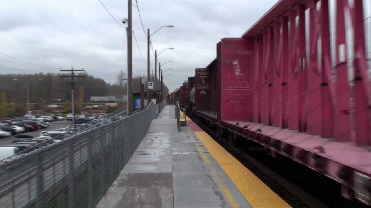 Two trains meet at Tukwila Station, 11-15-2013